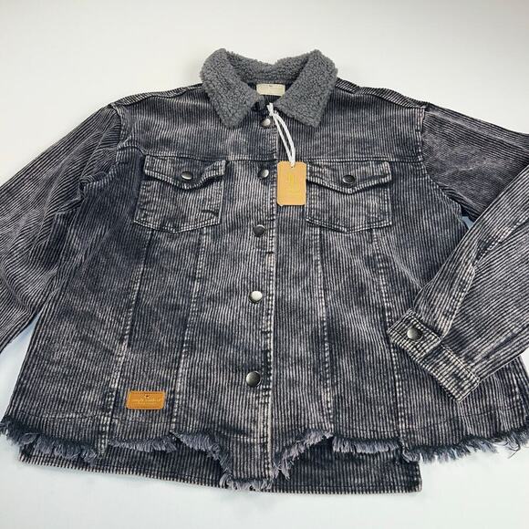 Simply Southern Gray Acid Wash Corduroy Jacket Sherpa Collar Distressed Size L - Picture 5 of 13